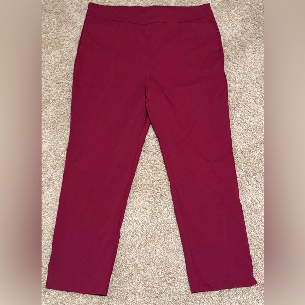 Chico’s Women’s Flat Front Burgundy Dress Pants Size 14R 26 inch inseam Pull On